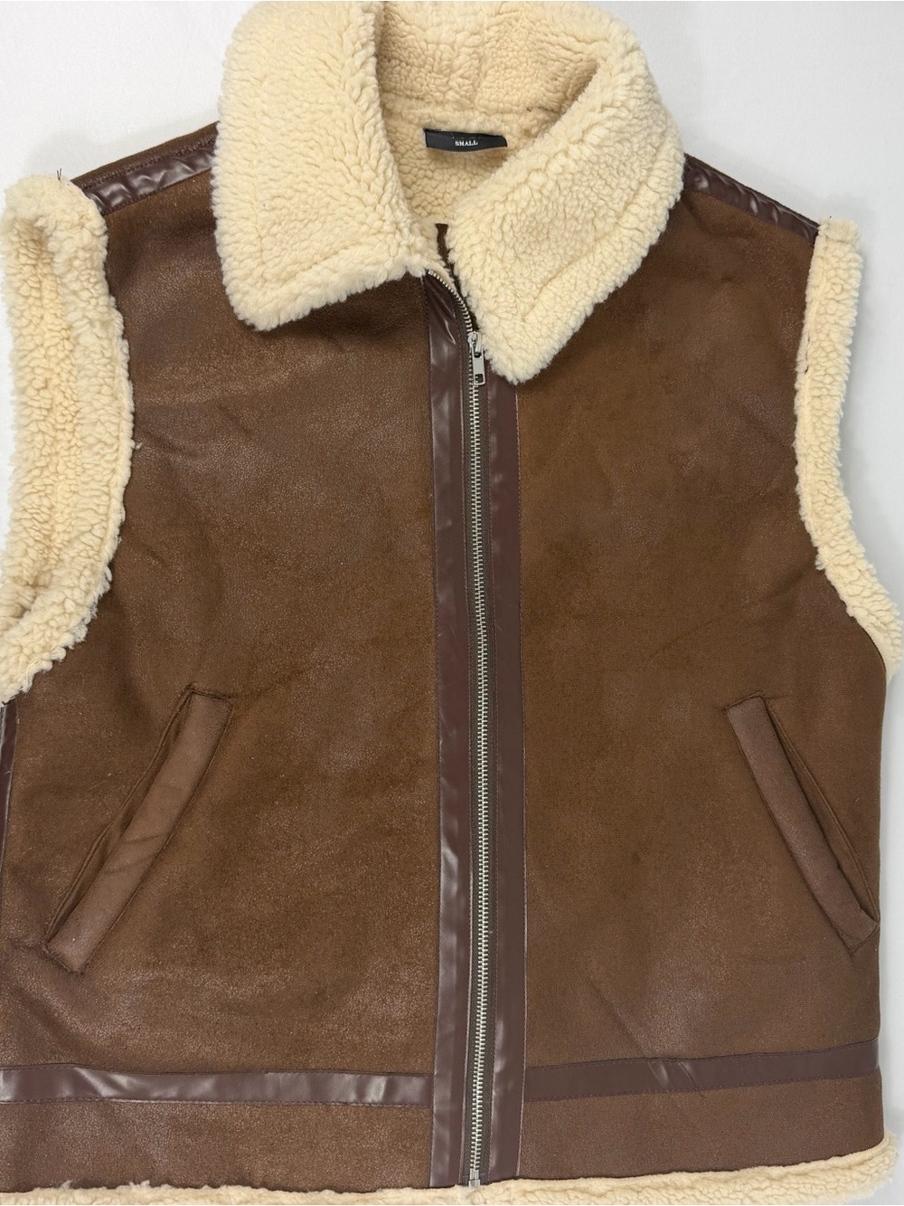 VICI Brown Faux Suede Sherpa Lined Zip Vest Cream Size Small